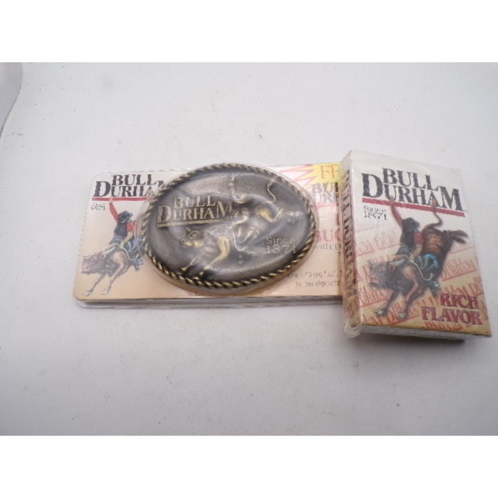 Vintage Bull Durham Tobacco Belt Buckle Brass Tone Sealed NOS USA Playing Cards‎